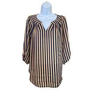 Ezra Stripe Blouse L Beige Navy Vertical Business Casual Nautical Chic Lagenlook
